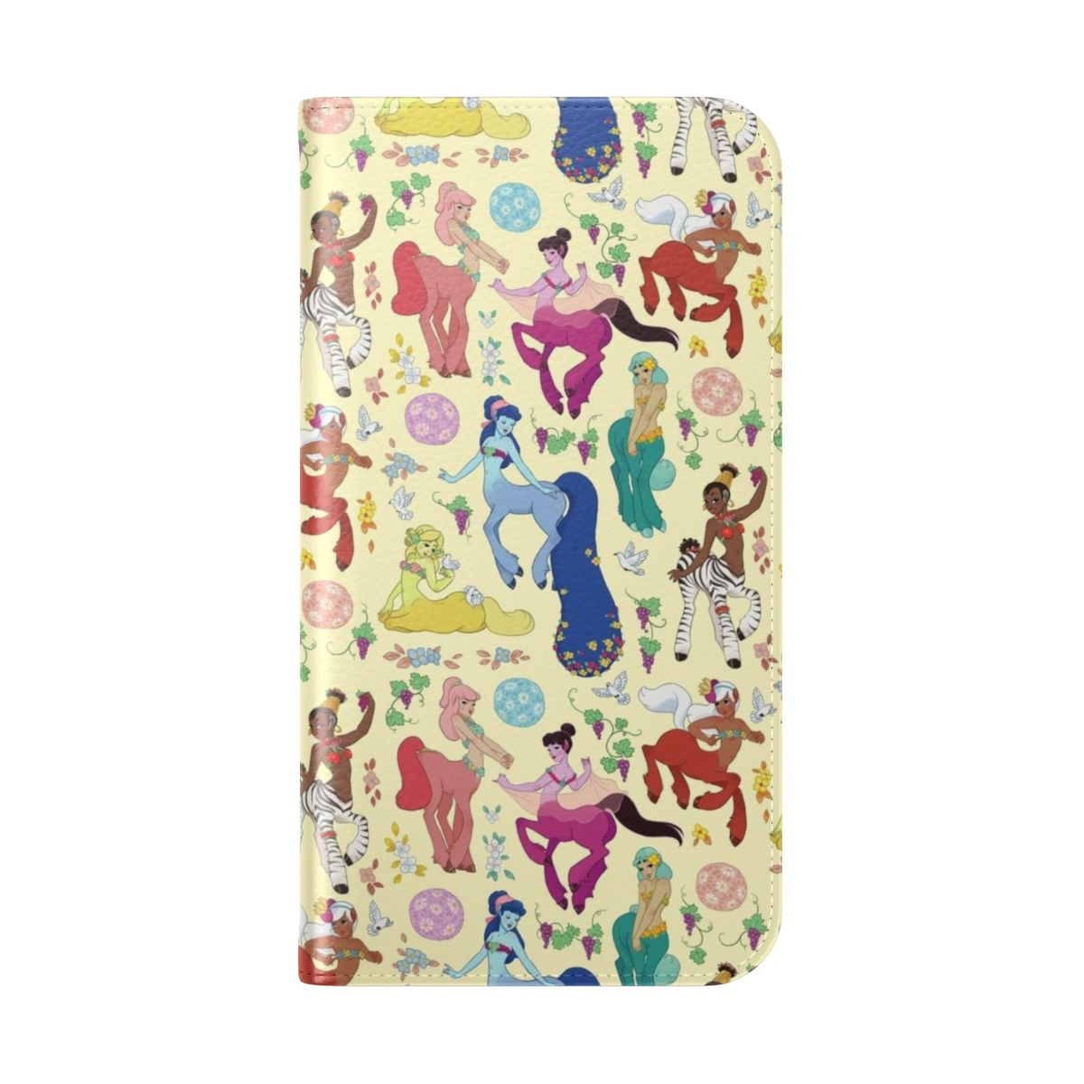 Colorful phone case featuring a pattern of fantastical centaurettes and floral elements - Folded Back