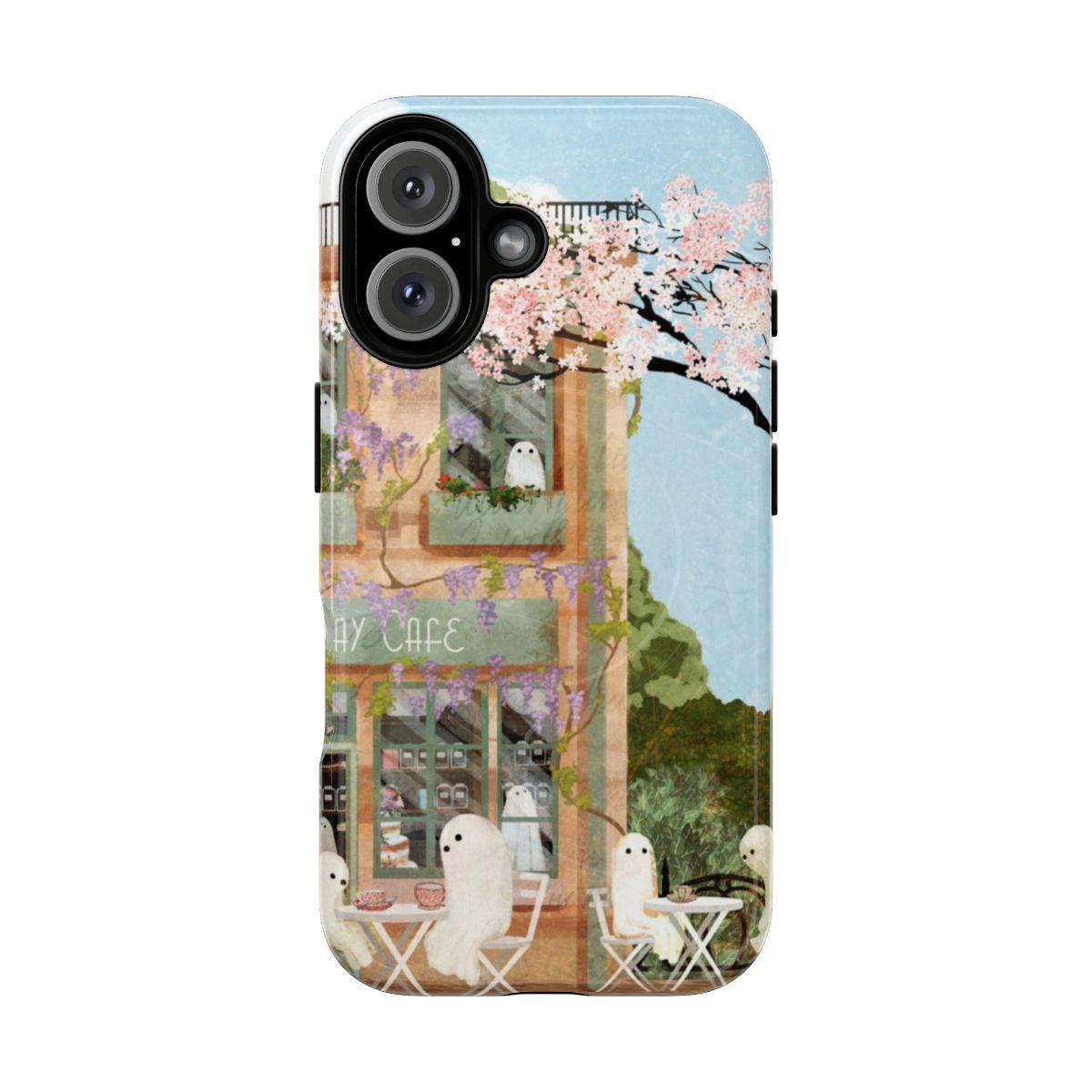 Magnetic tough phone case with a ghostly, vintage-inspired cafe design