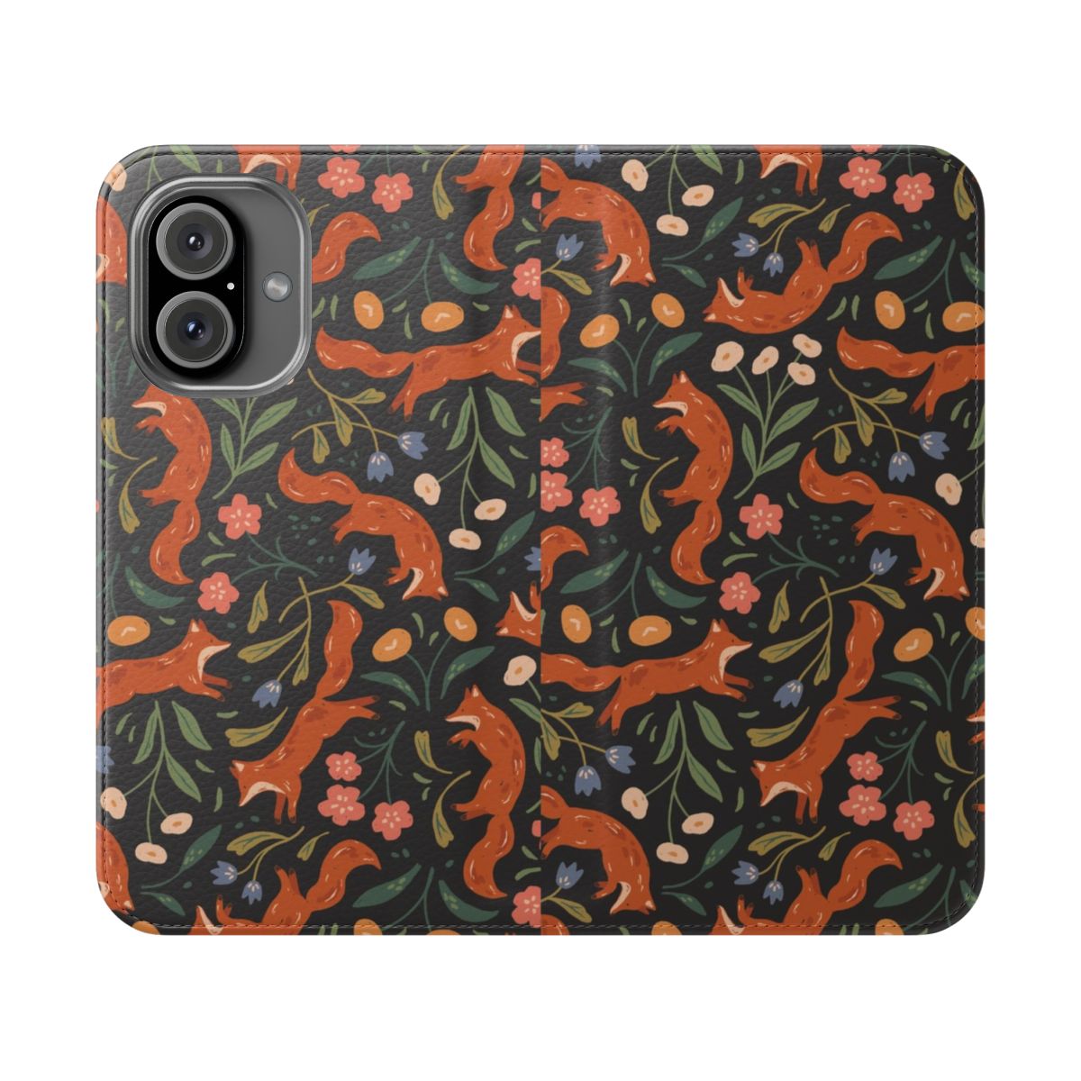 Vibrant floral phone case design featuring playful foxes in a botanical, whimsical pattern