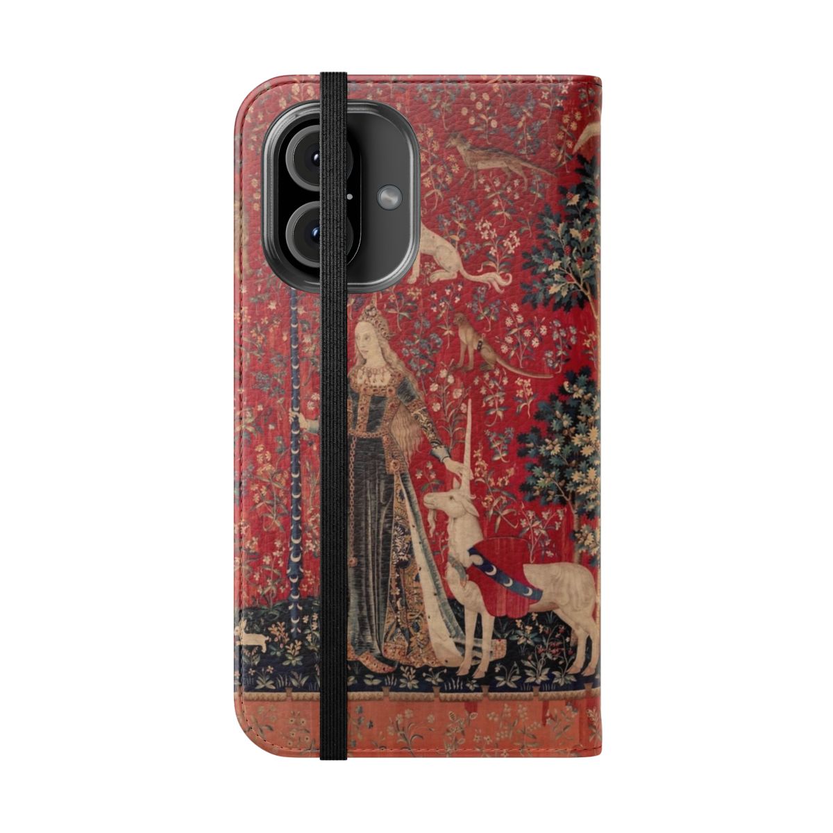 Vintage-style phone case featuring a medieval tapestry design with a lady and unicorn amid a lush, floral millefleur landscape. - Folded Front