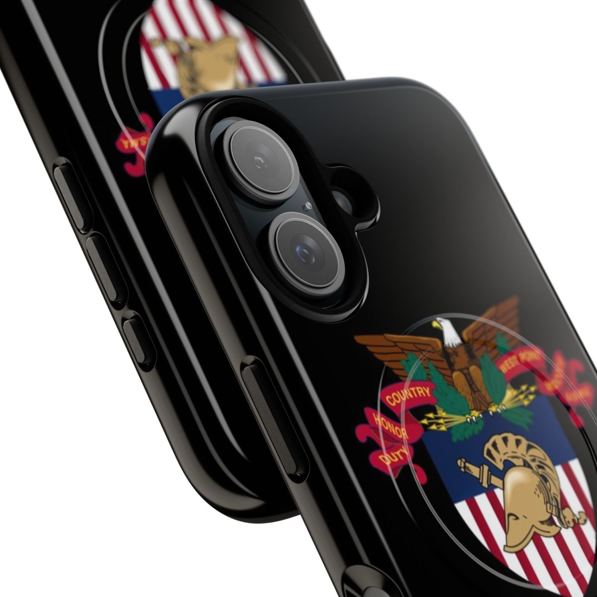 Patriotic phone case featuring the United States Military Academy (USMA) emblem, Spartan helmet, and eagle insignia. - Detail