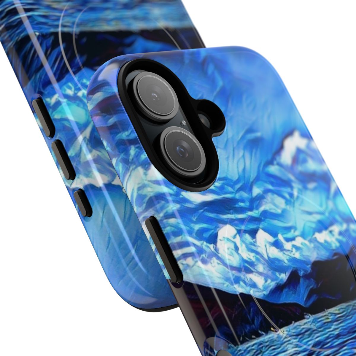 Vibrant blue phone case with scenic landscape design - Detail