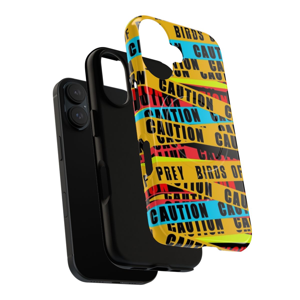 Vibrant caution tape-patterned phone case featuring Birds of Prey characters - Layers