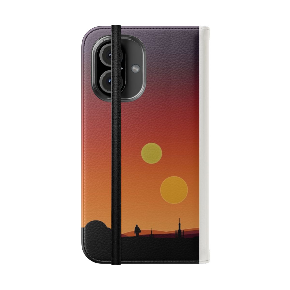 "Binary sunset-themed flip cover phone case with sci-fi art design" - Folded Front