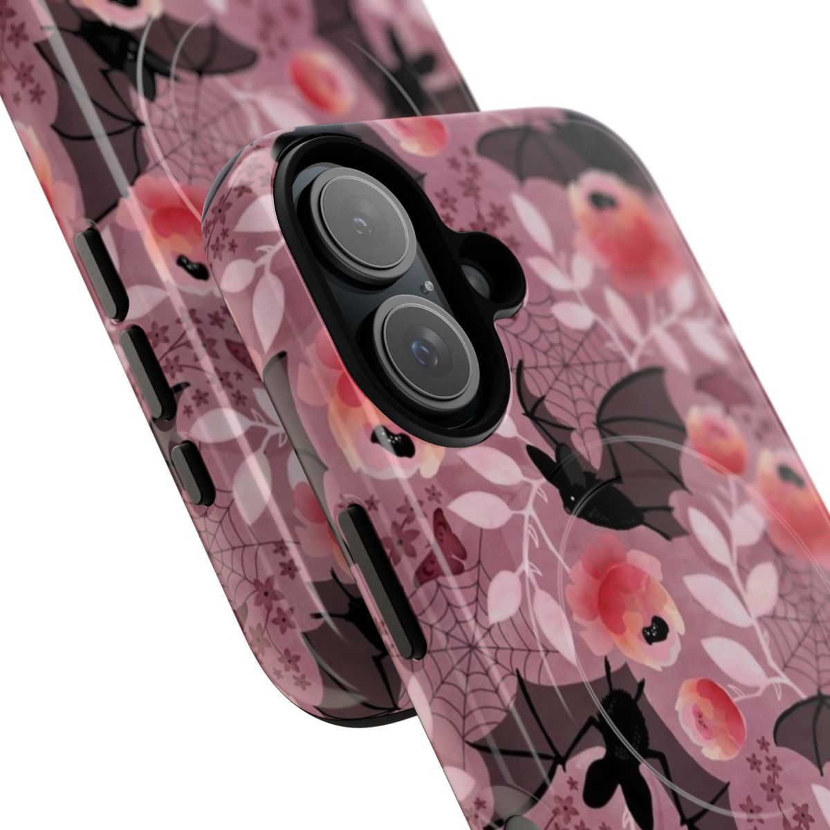 Pastel floral pink bat design on a magnetic tough phone case - Detail