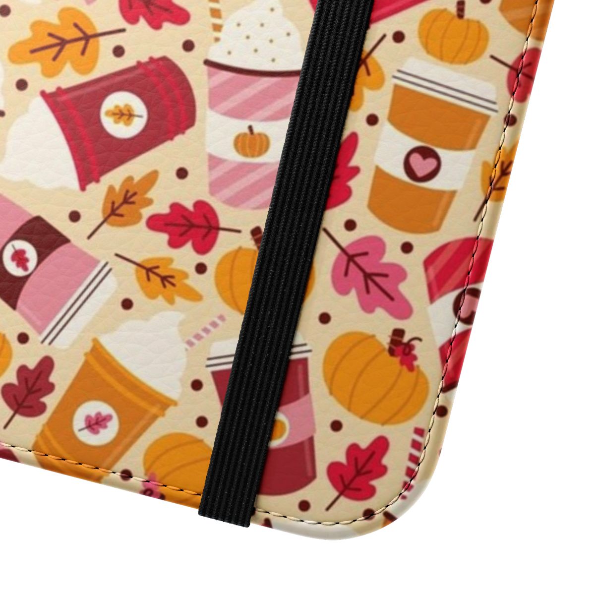 Pumpkin spice phone case with leaves and pumpkins in an autumnal pattern - Close Up