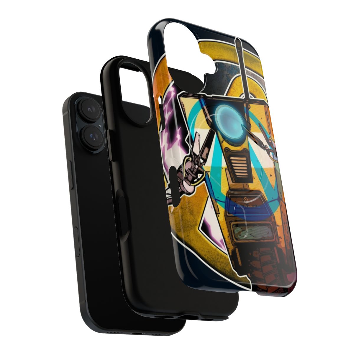 Borderlands-inspired phone case featuring Claptrap in a psycho pose and peace sign design - Layers