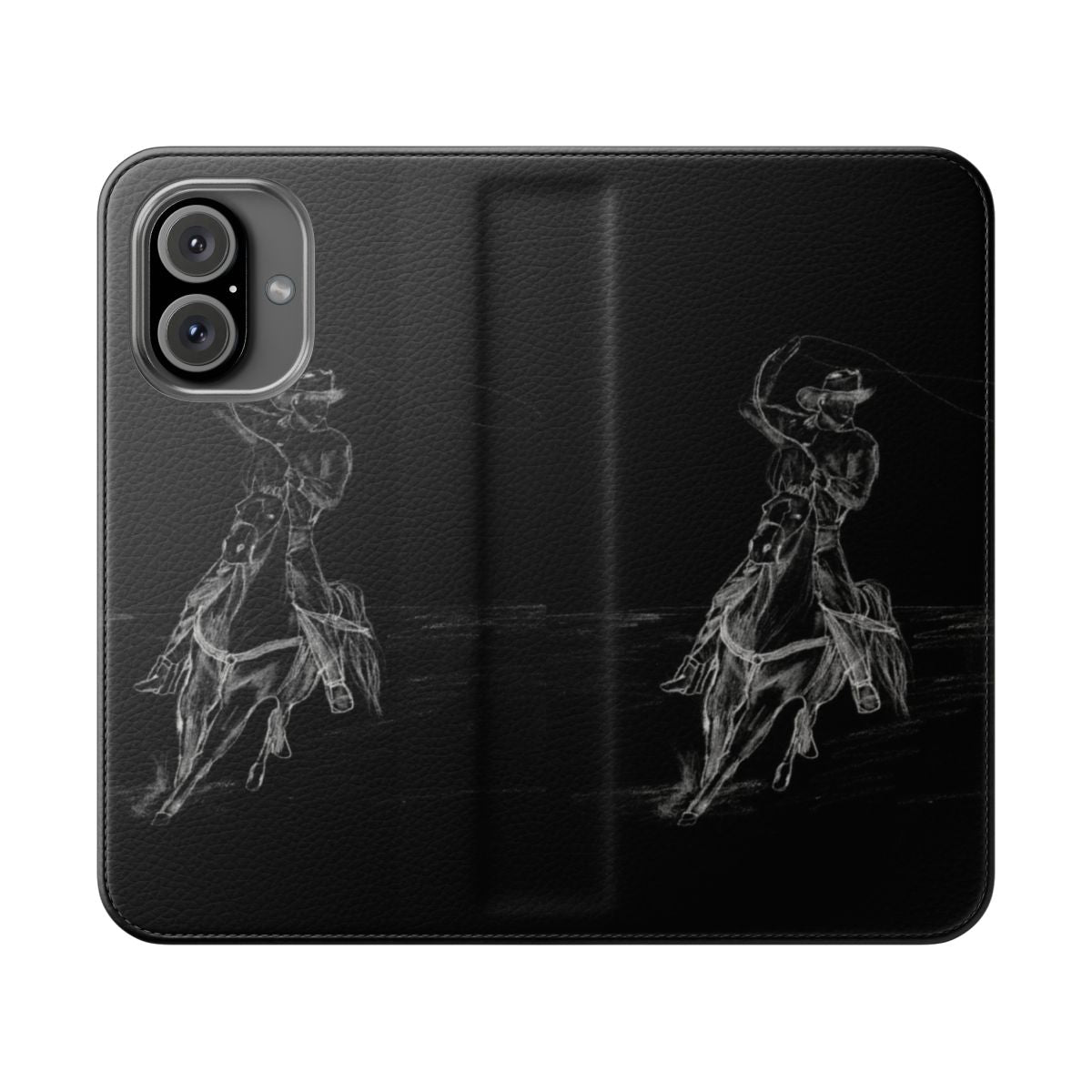 A flip phone case featuring a pencil drawing of a cowboy roping a horse.