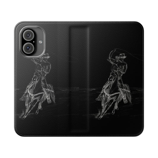 A flip phone case featuring a pencil drawing of a cowboy roping a horse.