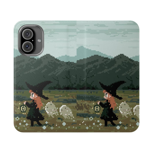 Flip phone case featuring a witch and her mystical friends in a spooky, pixel art design.