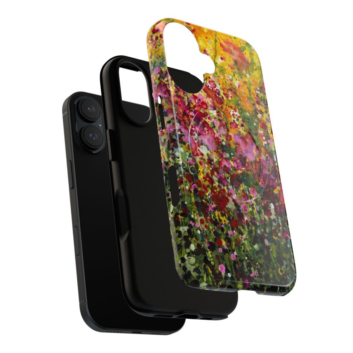 Close-up of a vibrant floral phone case with delicate botanical designs. - Layers