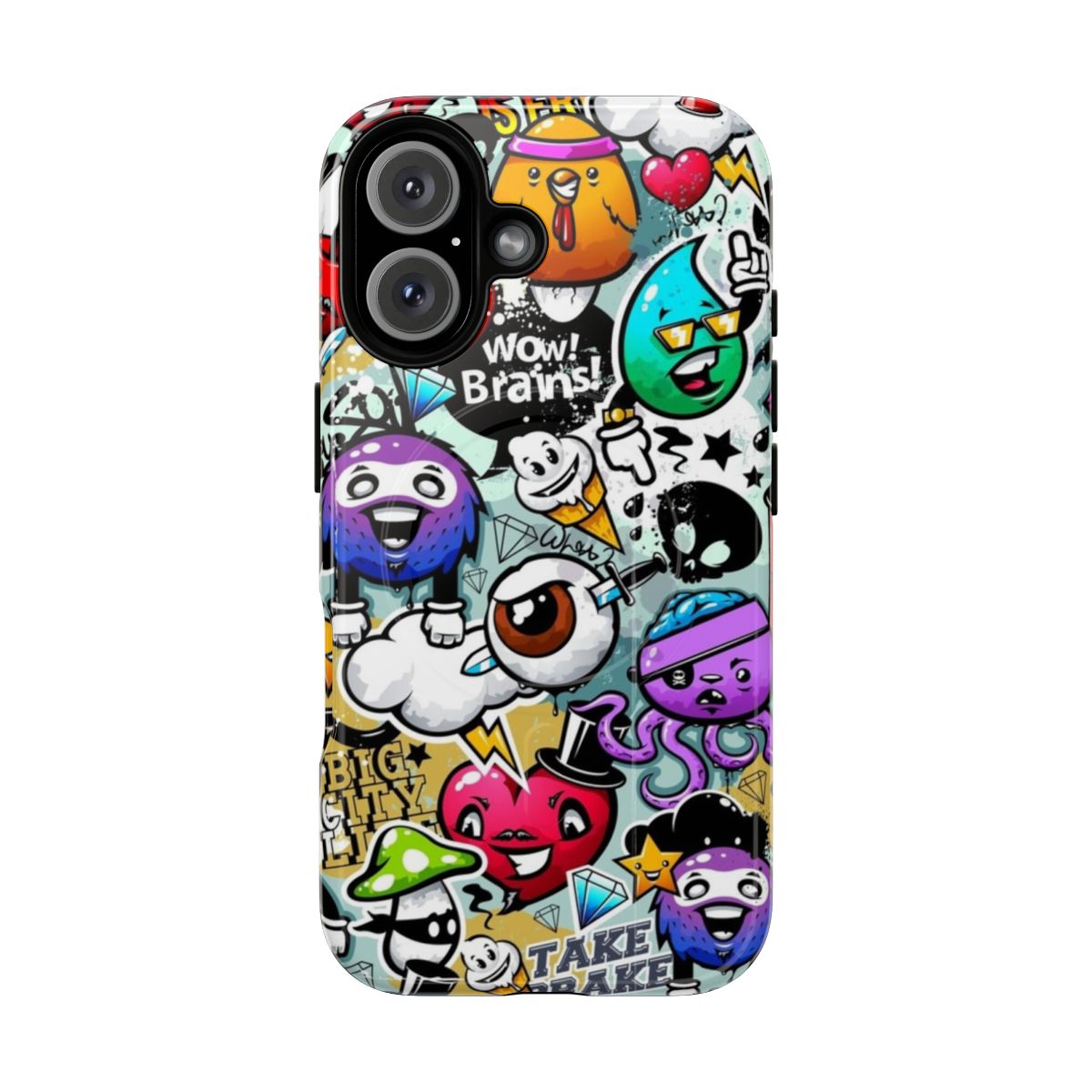 Colorful graffiti-style phone case featuring whimsical cartoon characters