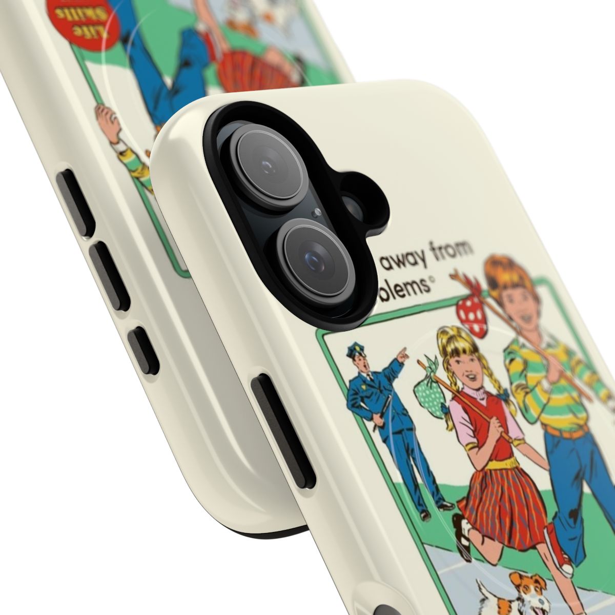 Retro-inspired magnetic tough phone case with humorous "Let's Run Away" design. - Detail