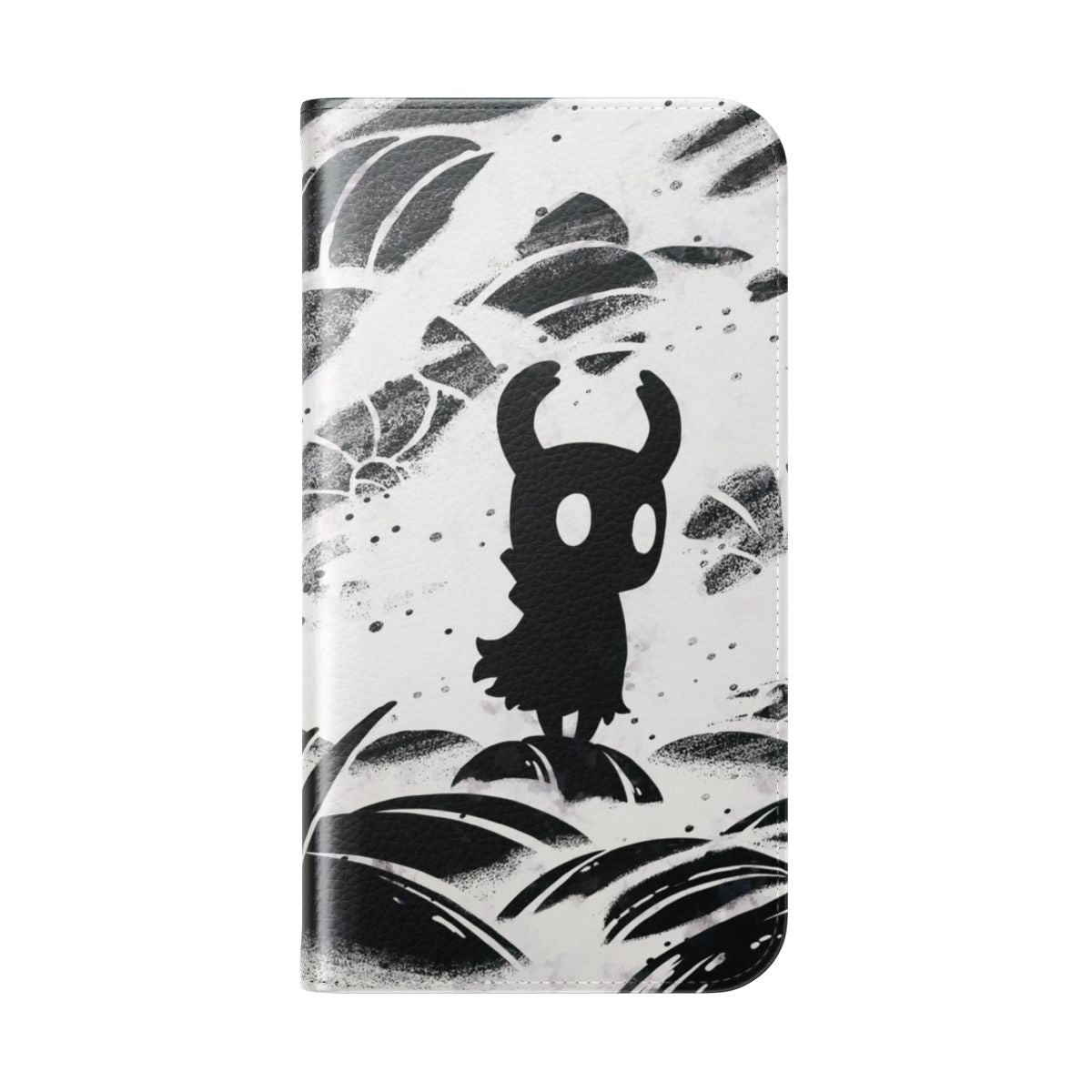 Black and white flip cover phone case featuring Hollow Knight game art and characters - Folded Back