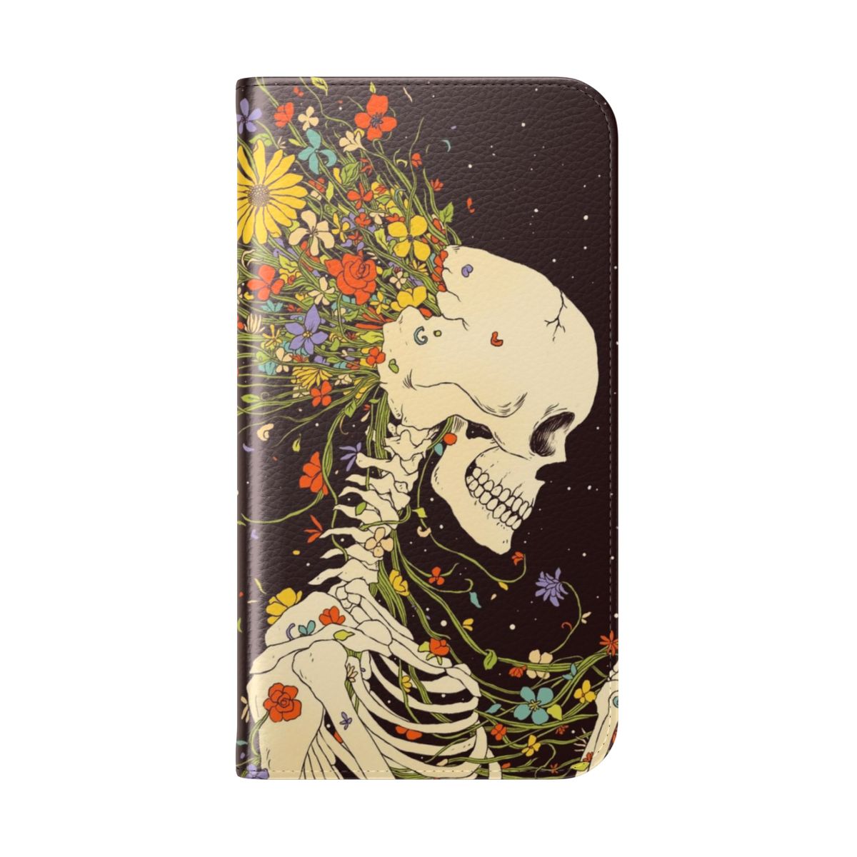 Flip cover phone case with surreal imagery of skulls, flowers, and the cosmos. - Folded Back