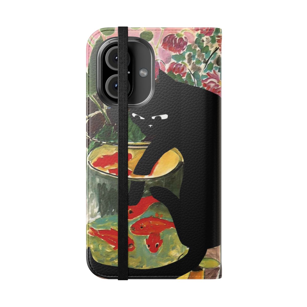 Vibrant flip phone case featuring Matisse's painting of goldfish and a mischievous cat. - Folded Front