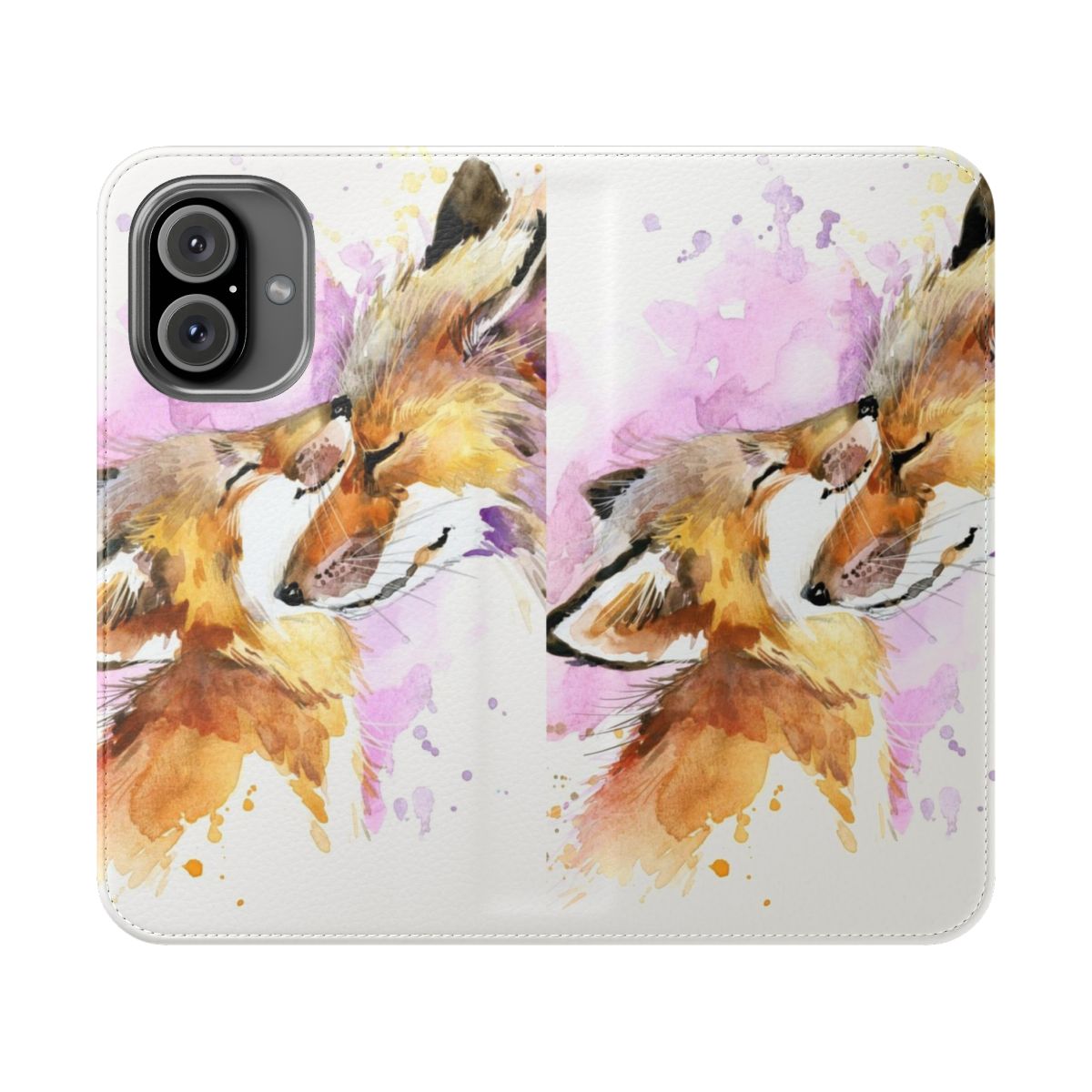 Watercolor illustration of a fox mother and cub on a phone case