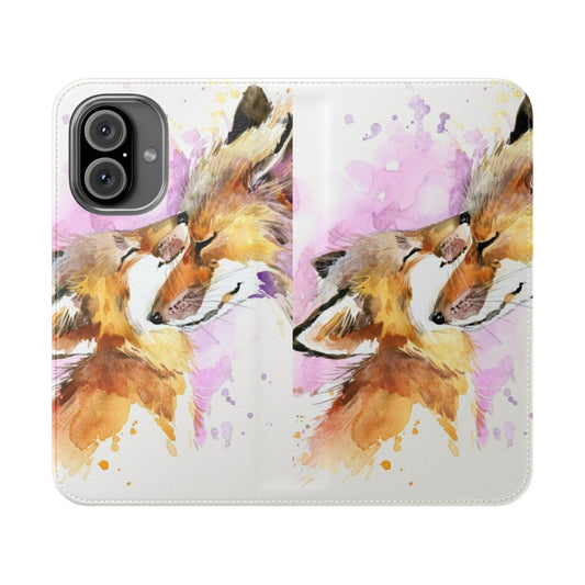 Watercolor illustration of a fox mother and cub on a phone case