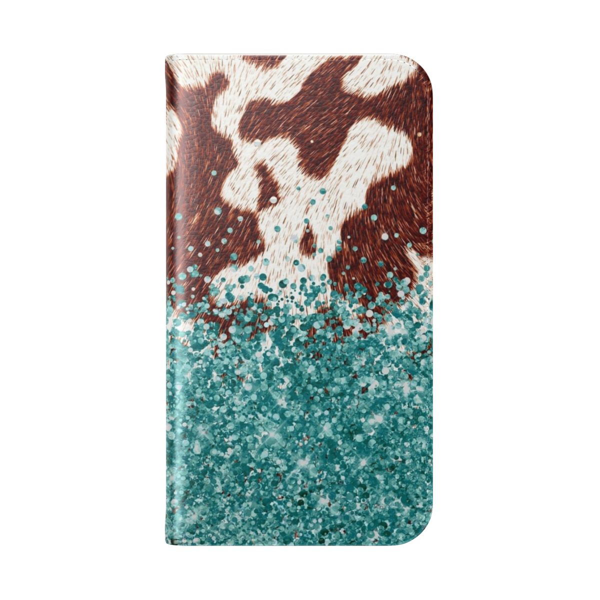 Turquoise, teal, and brown cowhide-patterned phone case with glittery accents - Folded Back