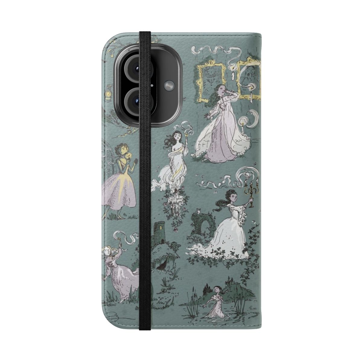 Flip phone case with illustration of girls running from a haunted house - Folded Front