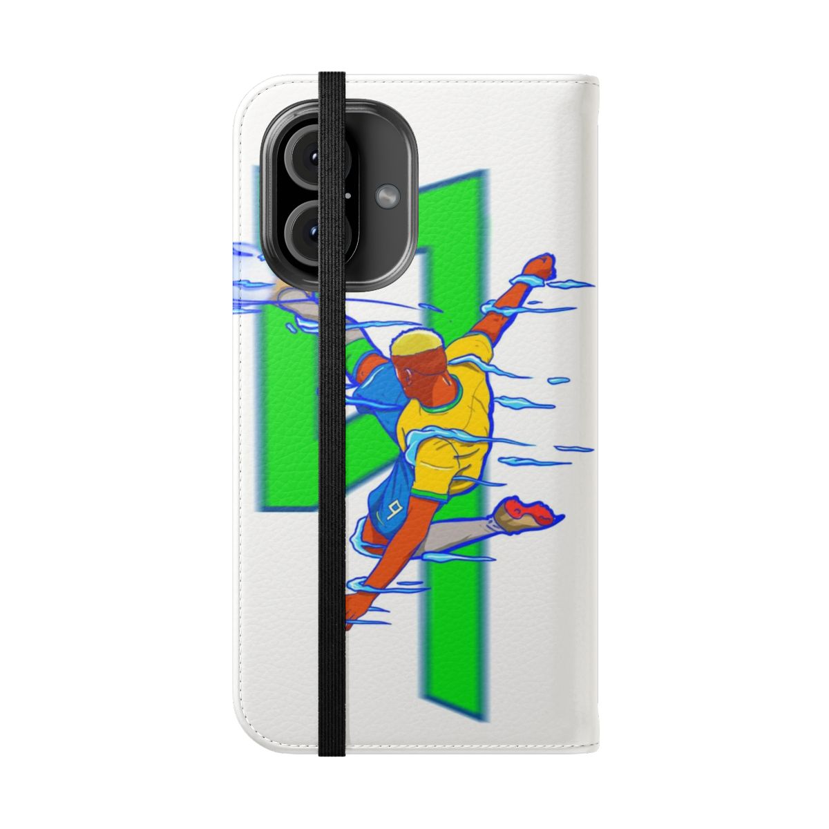 Colorful and modern flip phone case design with neon soccer/futbol graphics - Folded Front