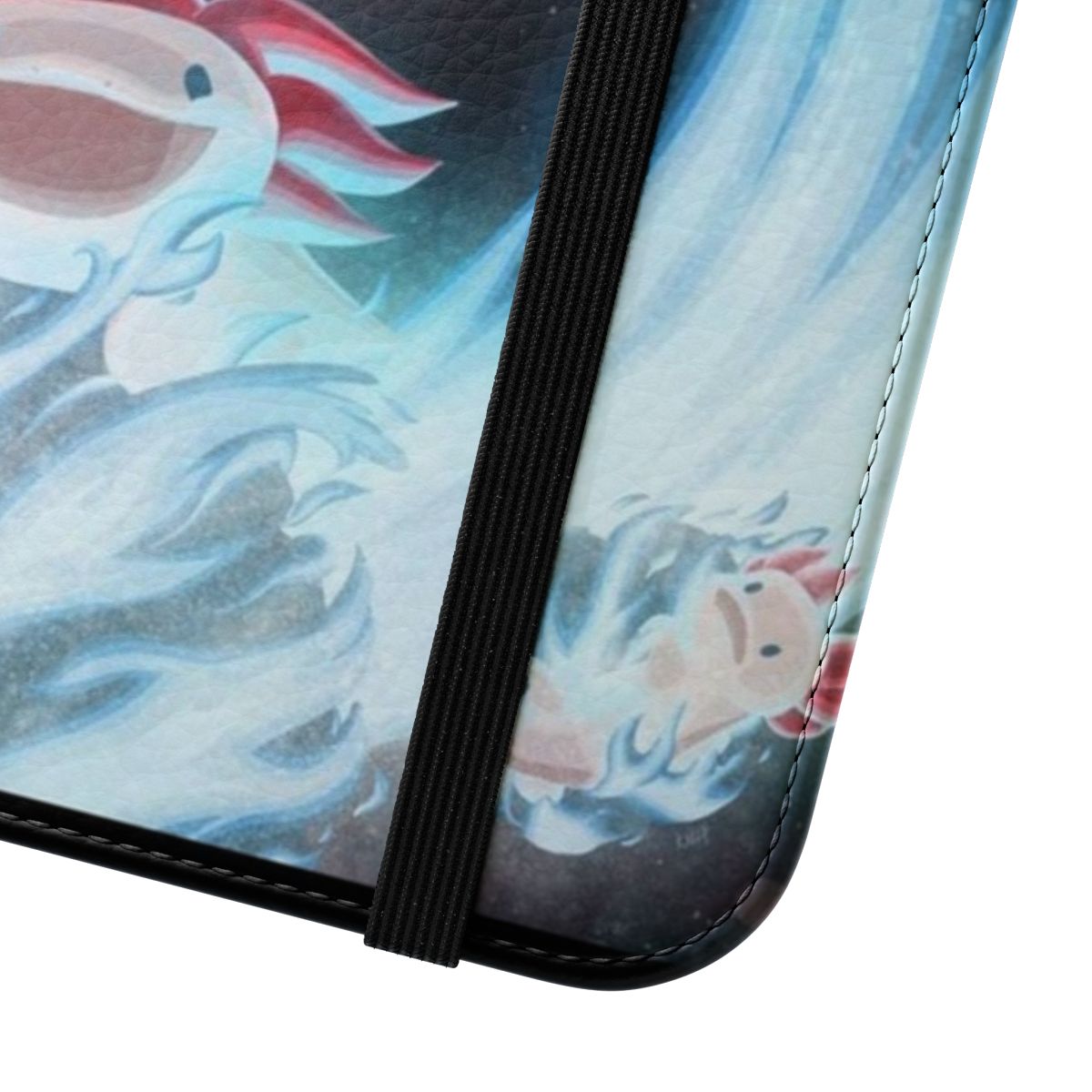 Whimsical phone case featuring an axolotl in an outer space, galaxy-themed design - Close Up