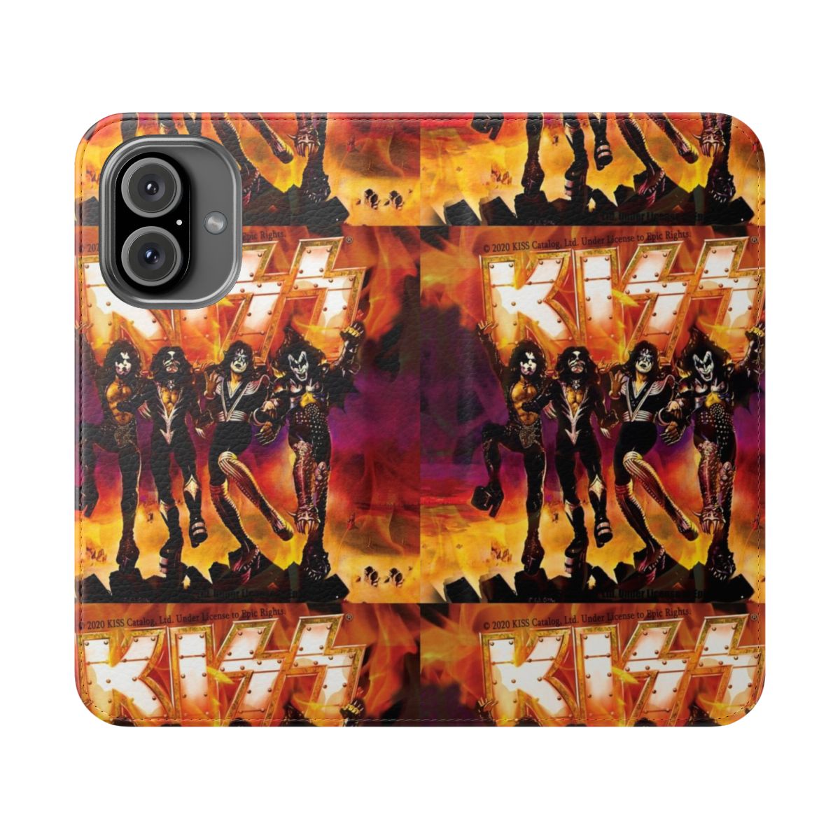 Flip cover phone case featuring artwork inspired by the rock band KISS.