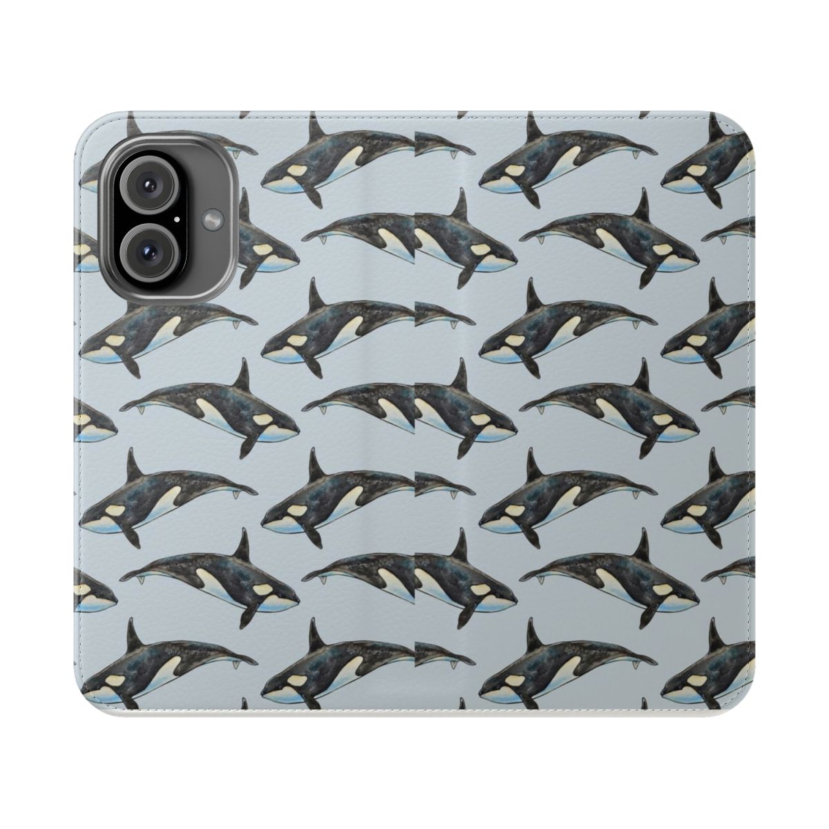 A watercolor painting of an orca or killer whale in shades of blue on a phone case.