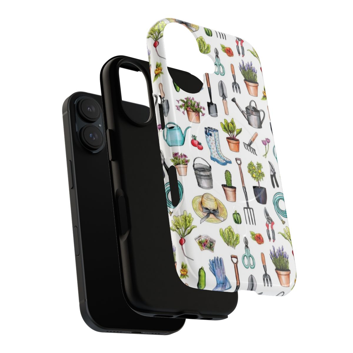 Magnetic phone case with a spring gardening pattern featuring various garden tools and supplies - Layers