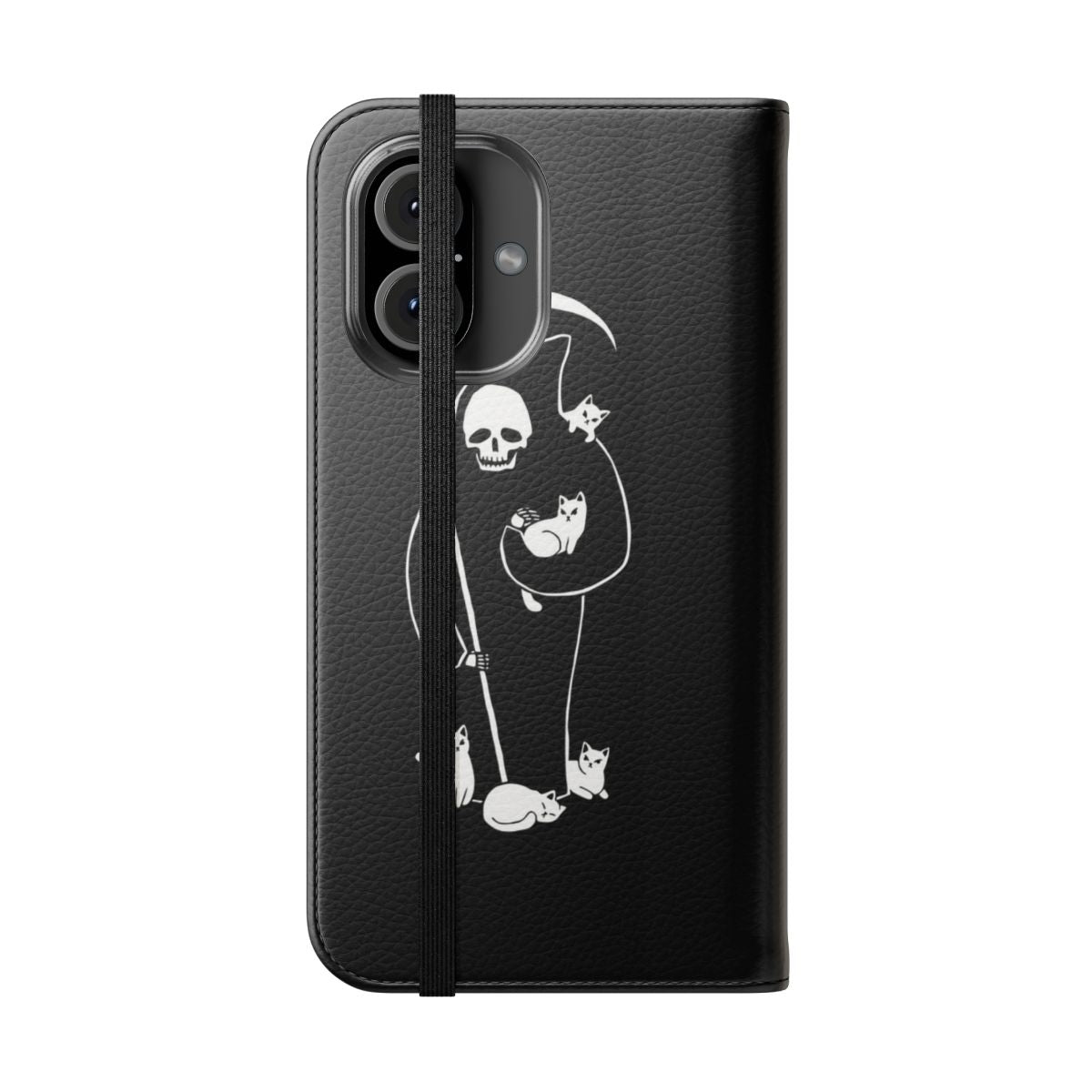 A black and white cat phone case cover with a grim reaper and skull design, perfect for gothic and horror fans. - Folded Front