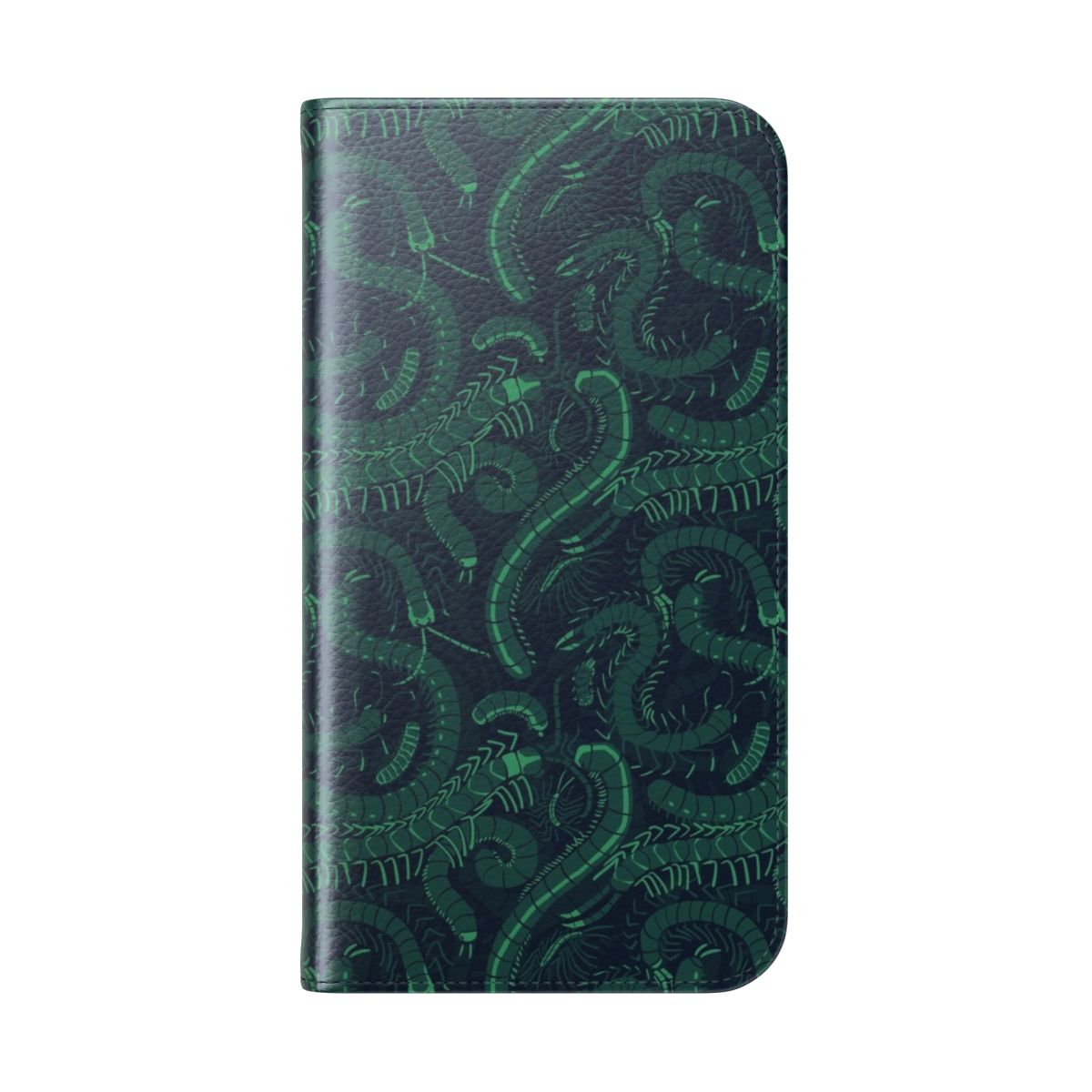 A green flip phone case featuring a vibrant myriapod pattern, perfect for nature-lovers. - Folded Back