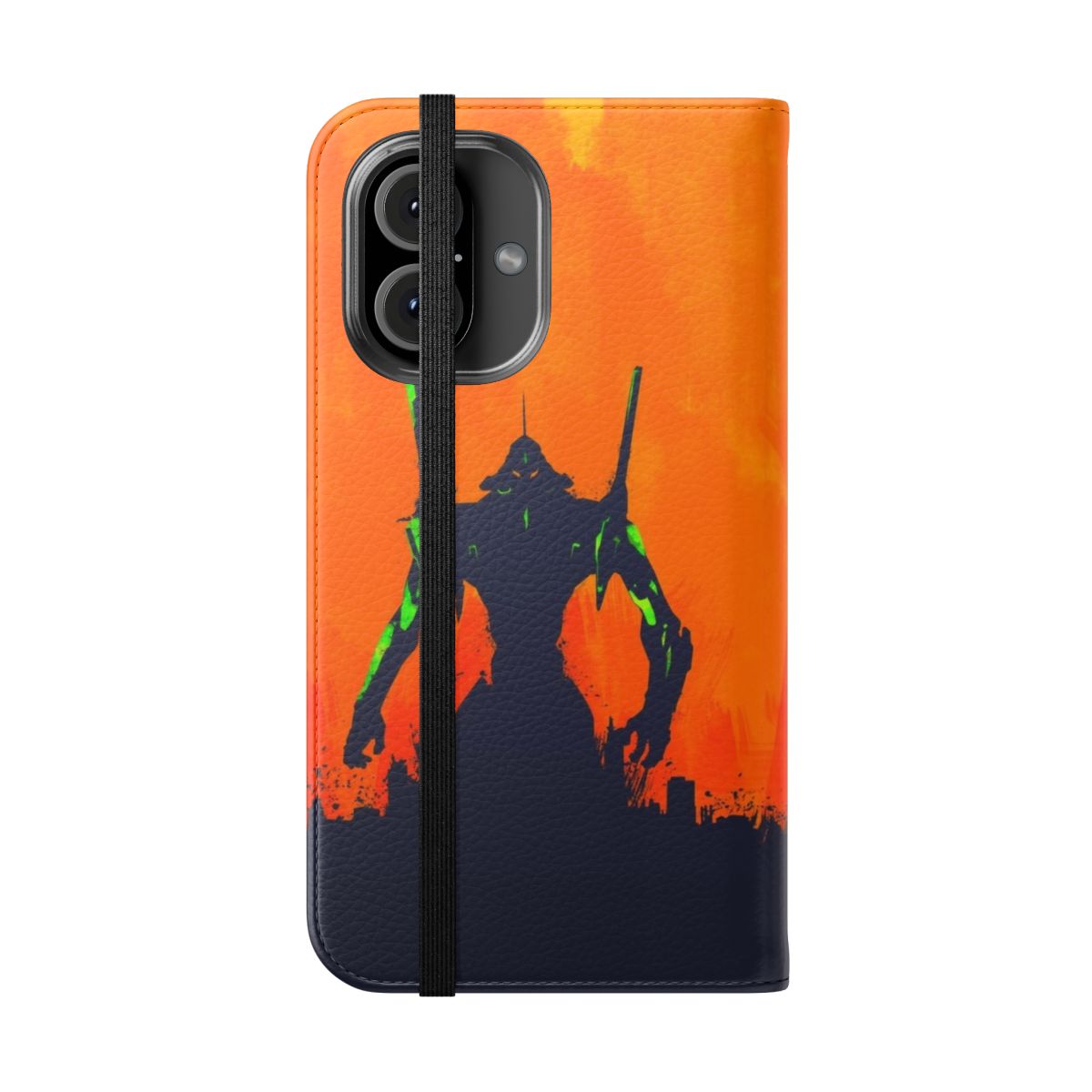 Evangelion-inspired flip cover phone case with minimalist silhouette design - Folded Front