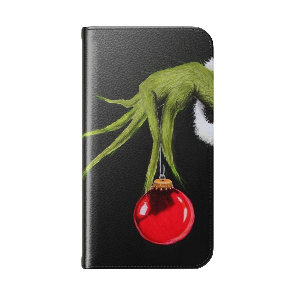 A flip cover phone case featuring a whimsical Grinch-inspired design, perfect for the holiday season. - Folded Back