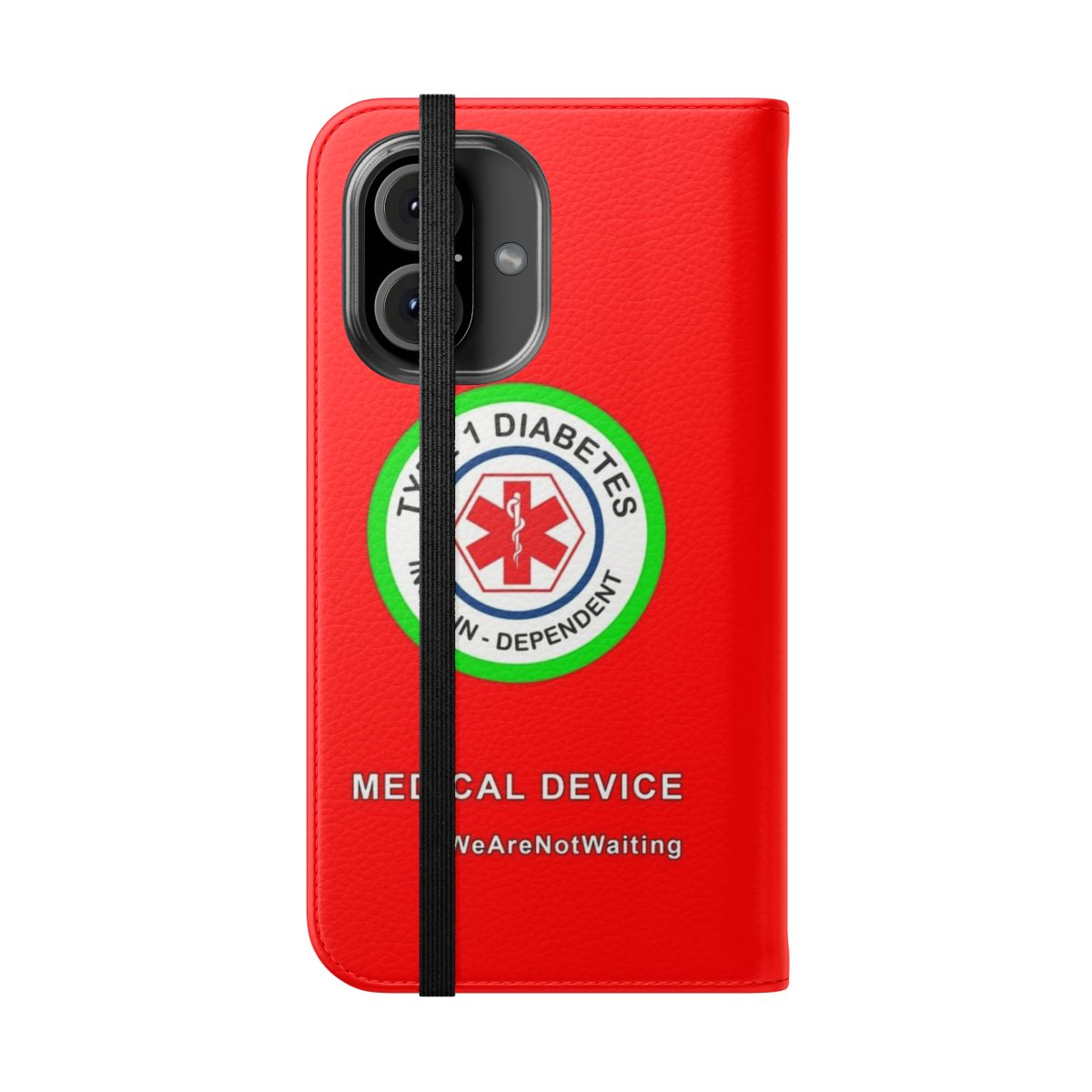 Red flip cover phone case with medical device design - Folded Front