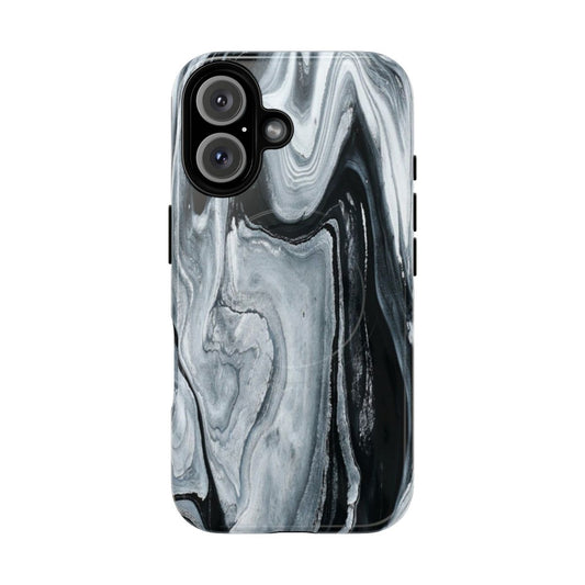 A modern and abstract phone case with a black and white marble-like liquid paint design.