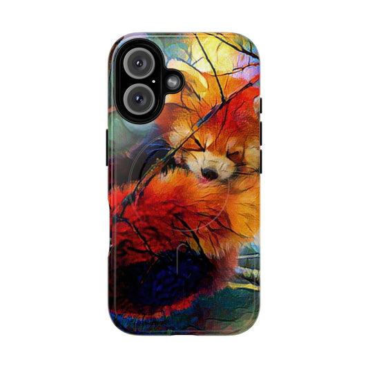 Vibrant and colorful phone case featuring an illustrated red panda amid autumn leaves and branches