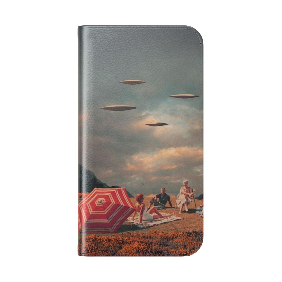 Retro-styled phone case featuring a digital collage design with UFOs, clouds, and a summer beach scene. - Folded Back