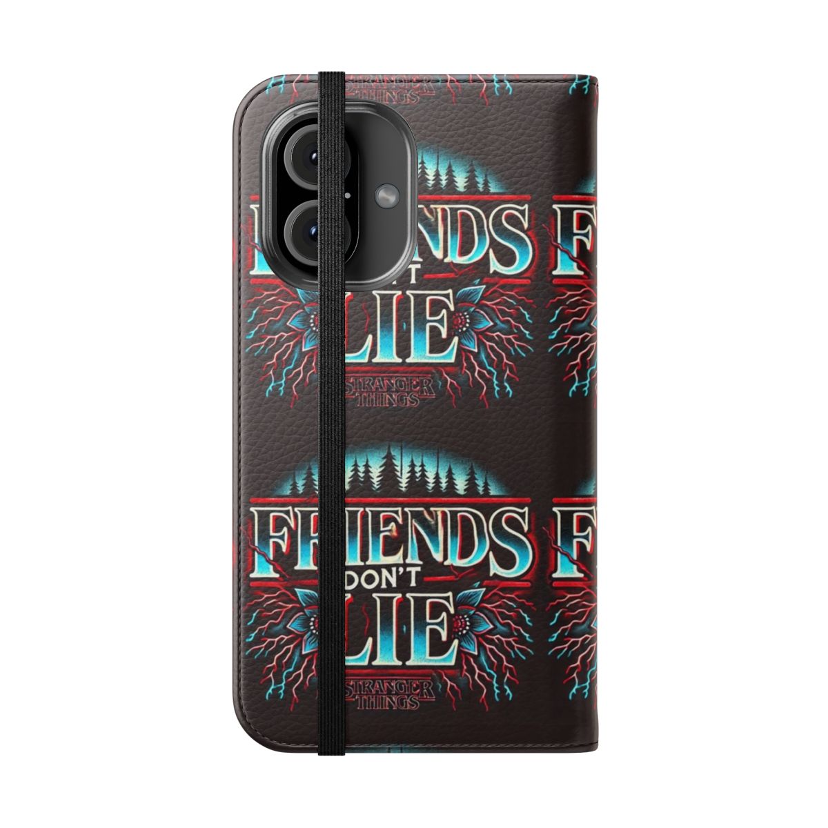 Stranger things inspired flip cover phone case with glowing typography and eerie forest design - Folded Front