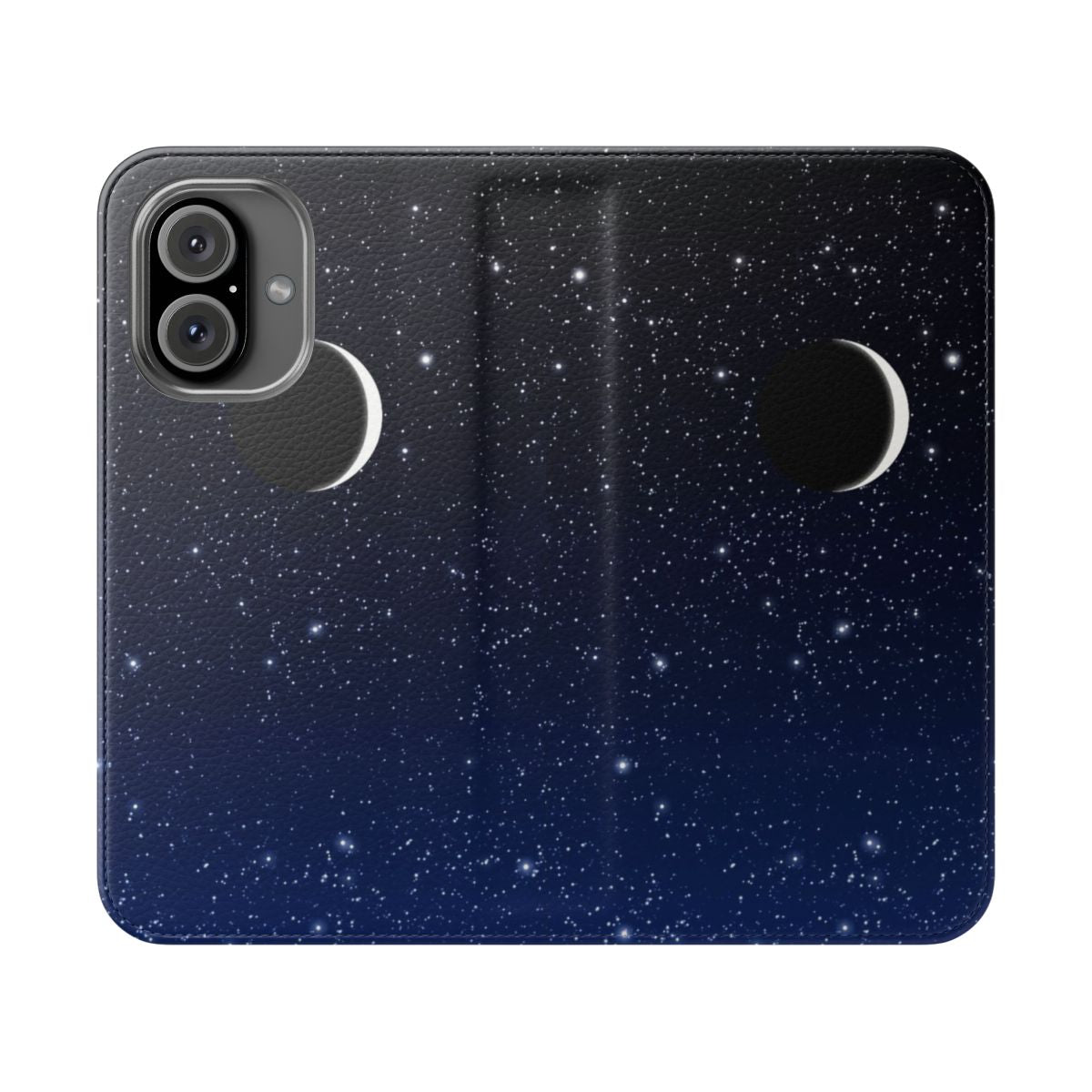 Flip phone case with a starry night sky design featuring a crescent moon.