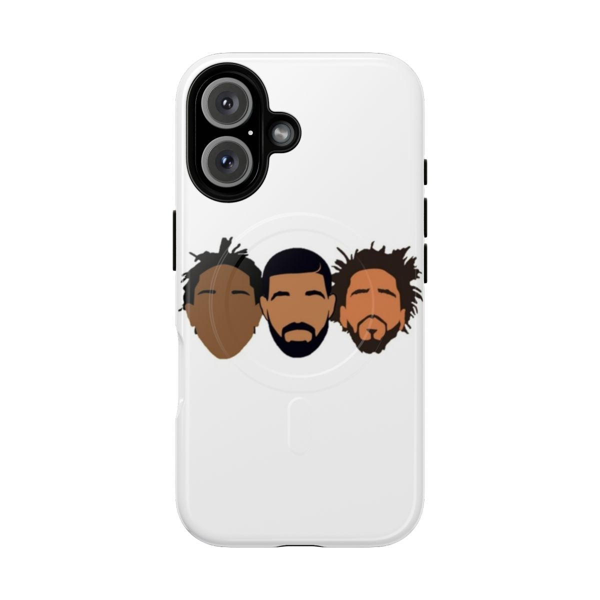 Colorful magnetic phone case featuring portraits of rap artists Kendrick Lamar, J Cole, and Drake