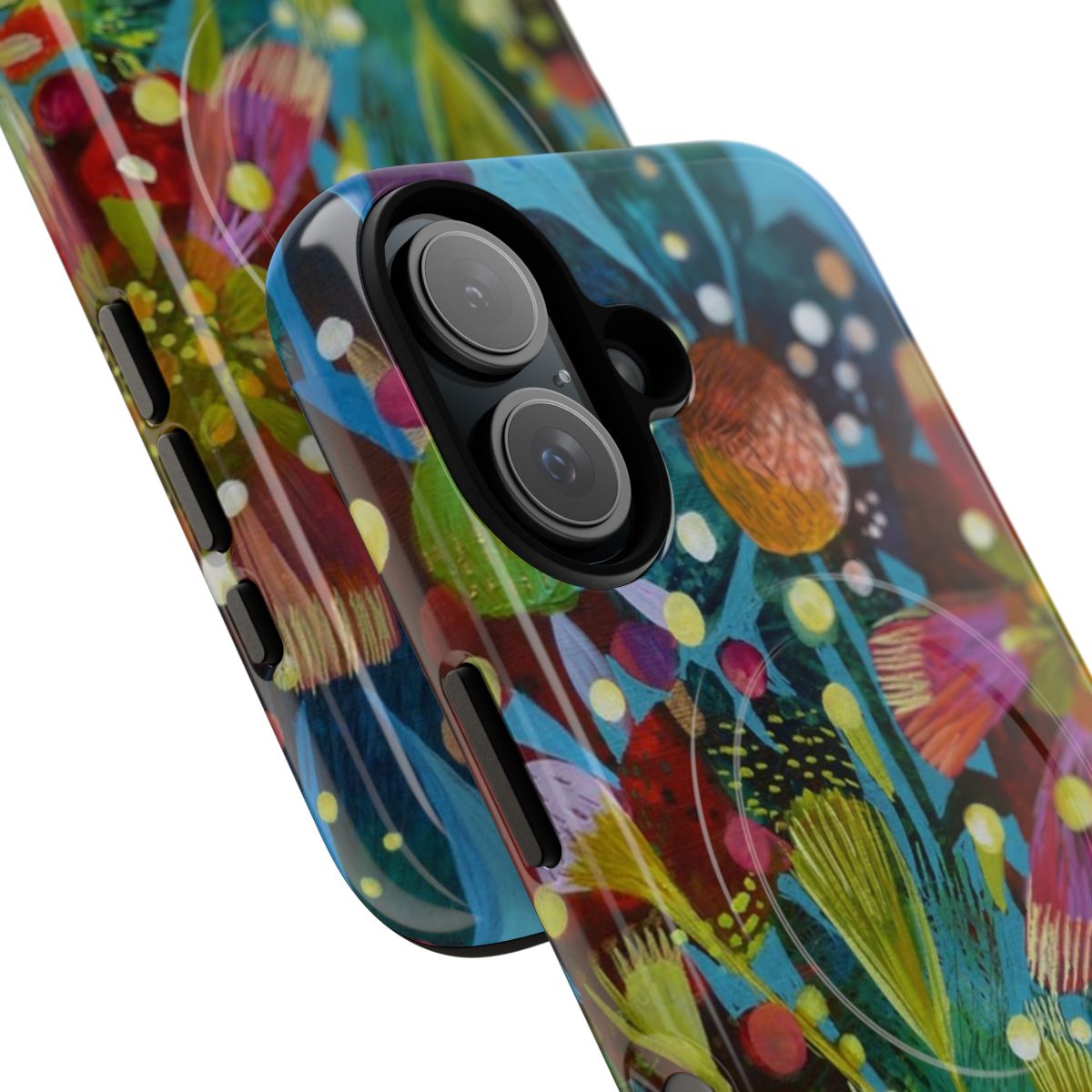 Colorful floral phone case with blooming flowers and petals - Detail