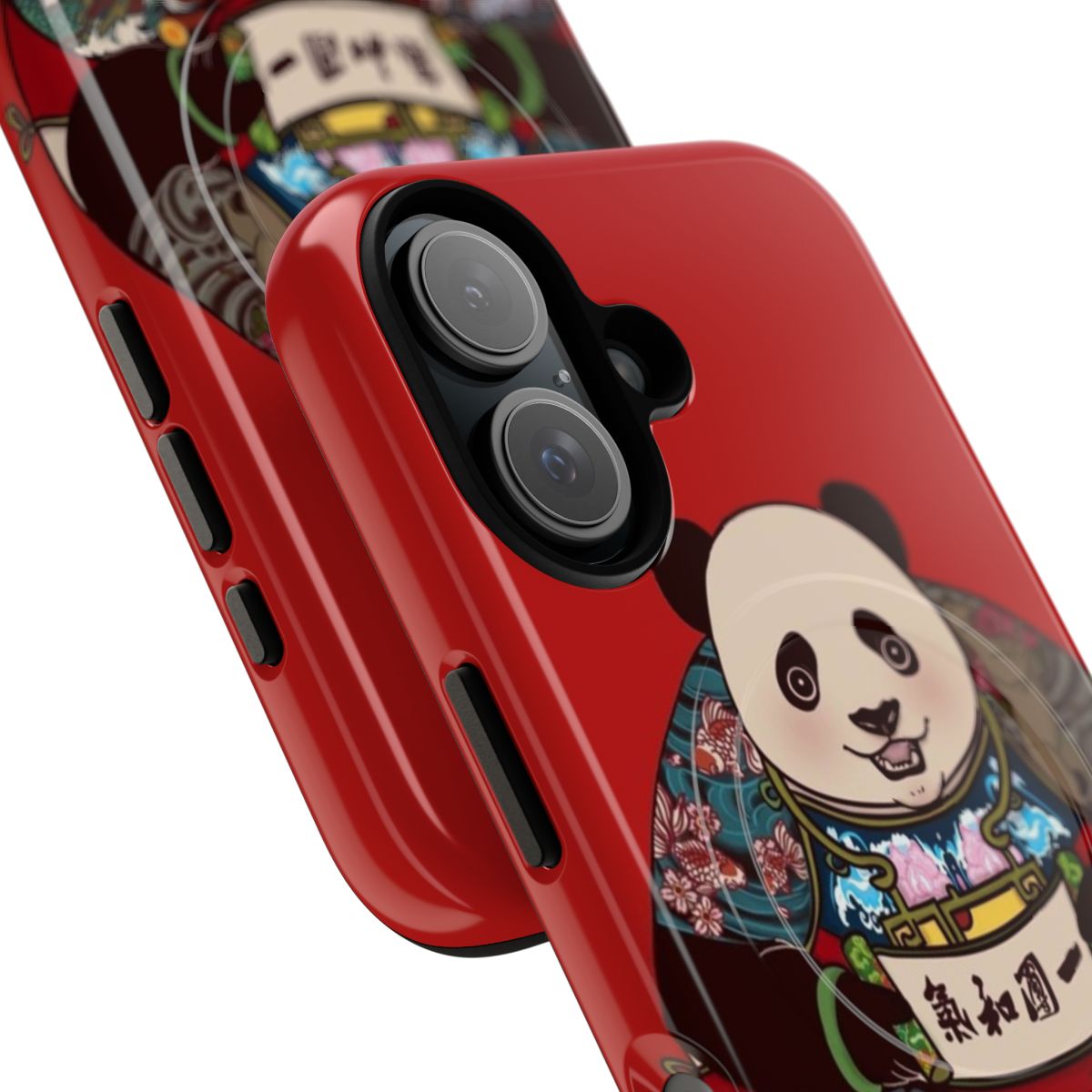 Magnetic tough phone case featuring an artistic design with pandas, goldfish, cranes, and other Asian-inspired elements. - Detail