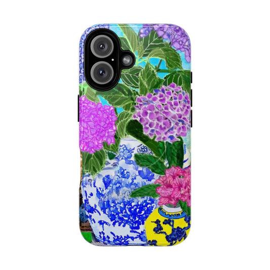 Watercolor hydrangea and chinoiserie pattern on a sturdy phone case