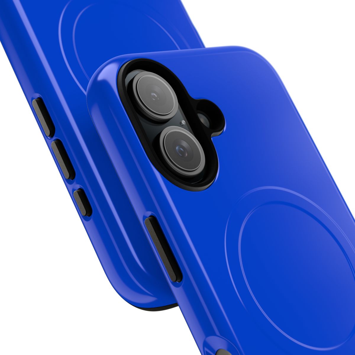 Minimalist blue phone case with a bright, fluorescent solid blue design and magnetic tough protection - Detail