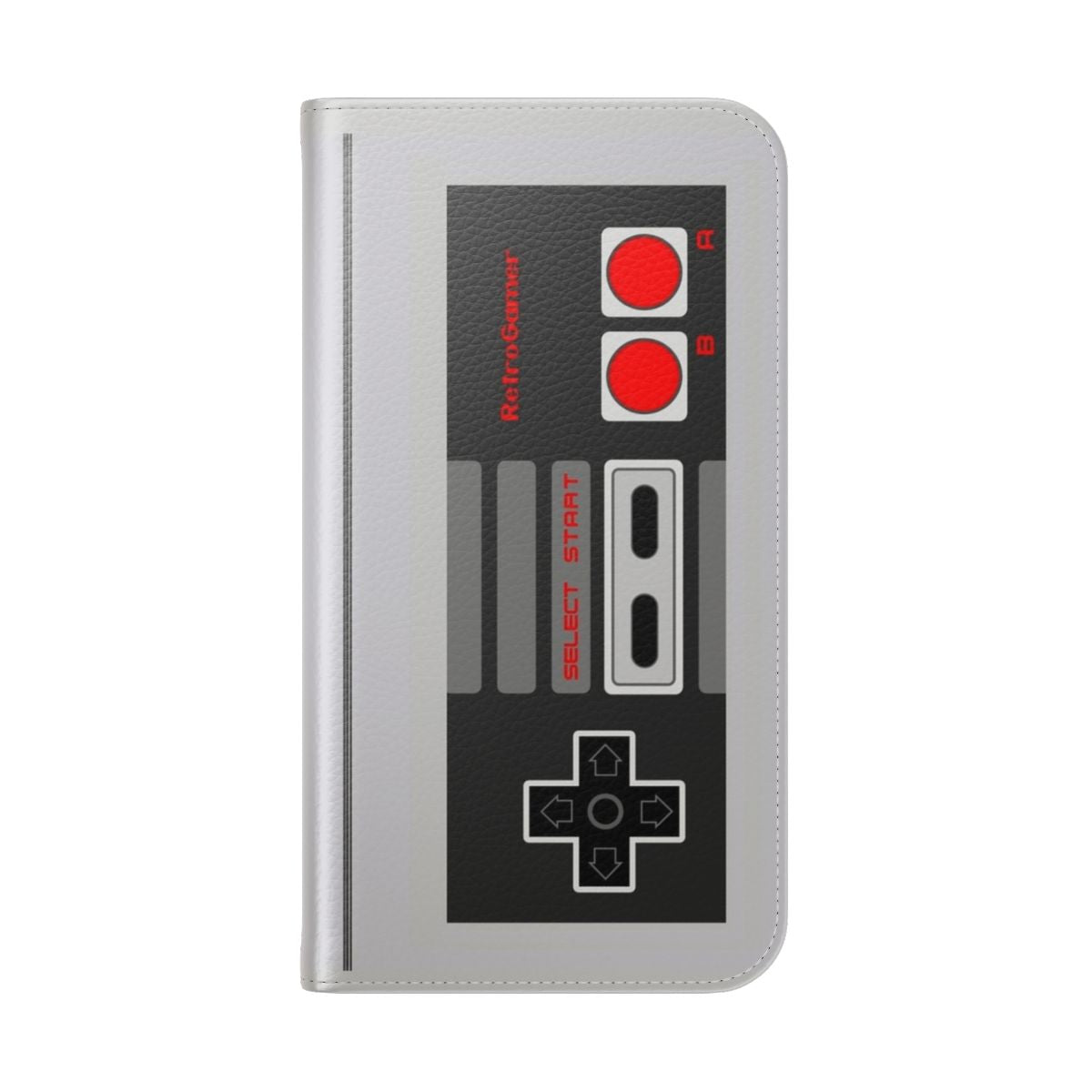 8-bit retro gaming-inspired phone case with a flip cover featuring a classic game controller design - Folded Back