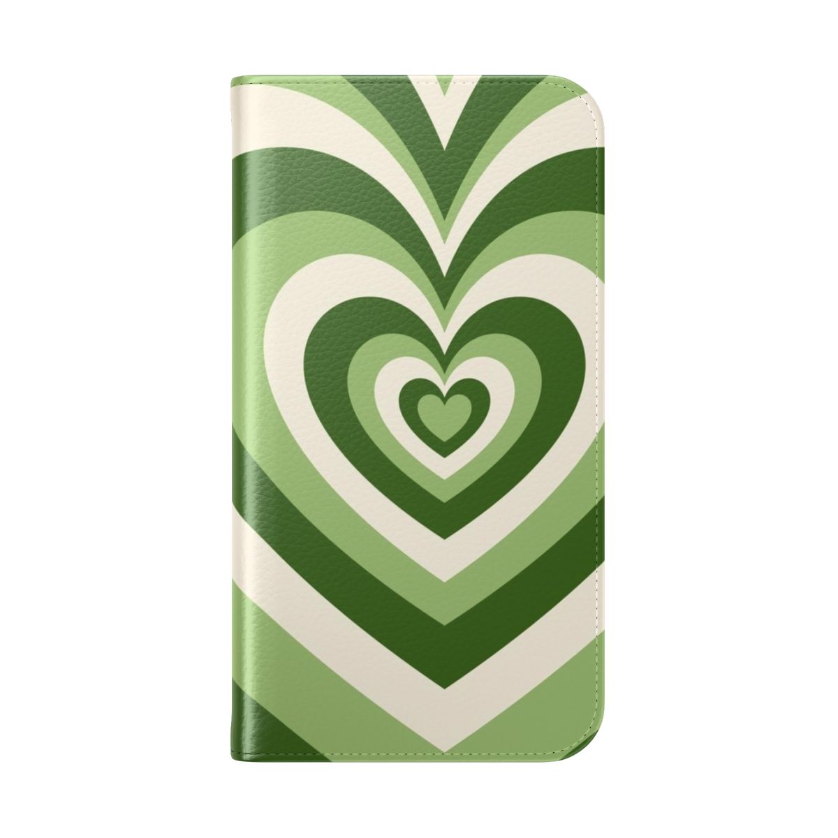 Sage green wildflower pattern flip phone case with a matcha love heart design - Folded Back