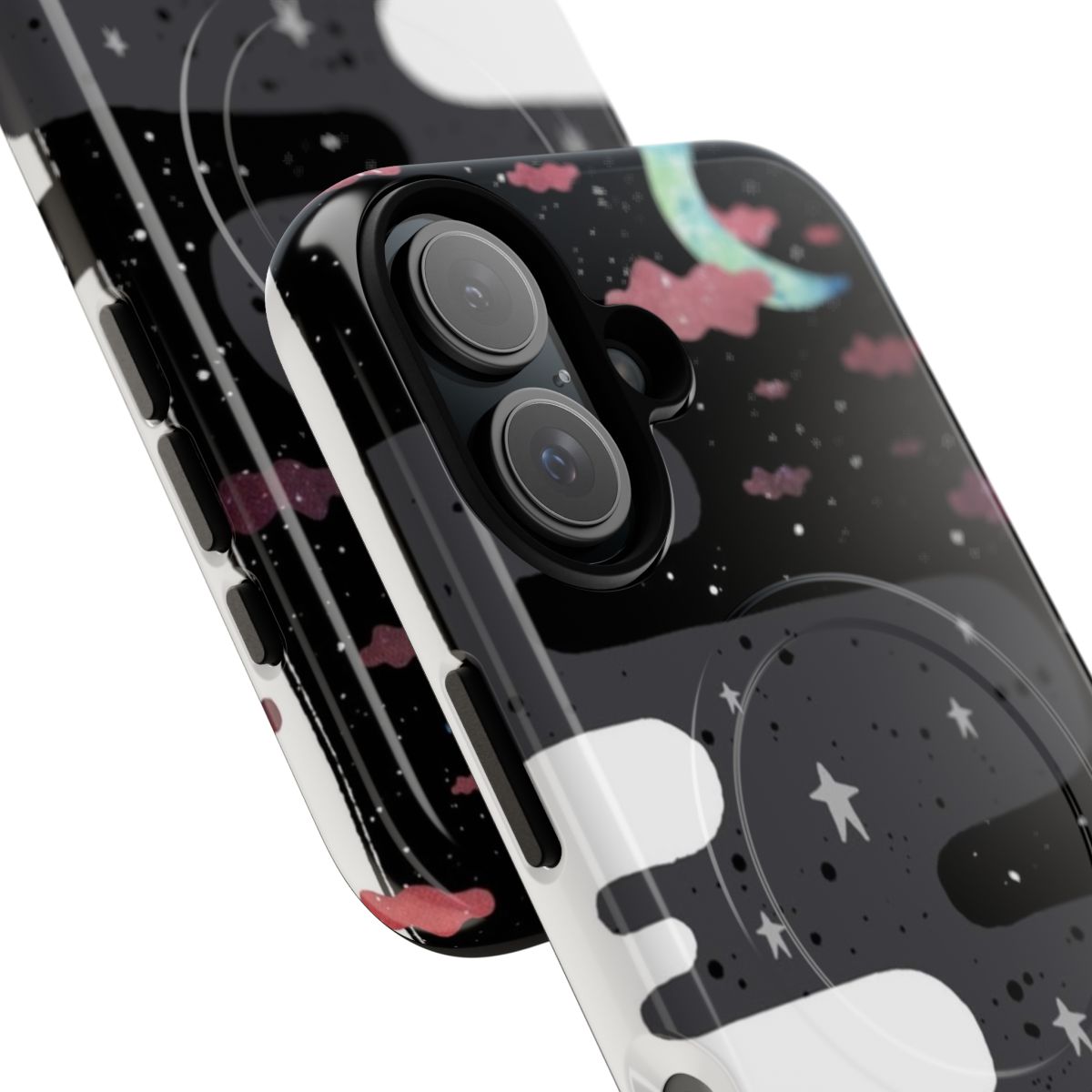 Surreal and mystical phone case with geometric shapes, clouds, and stars - Detail