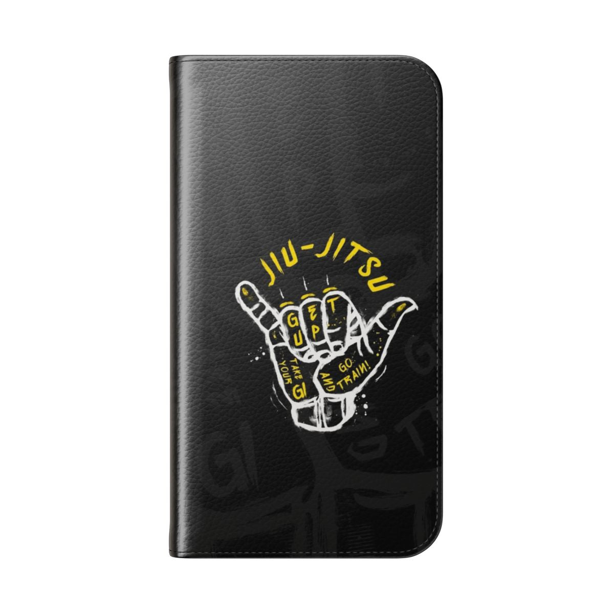 Martial arts inspired flip cover phone case with "Go train!" text - Folded Back