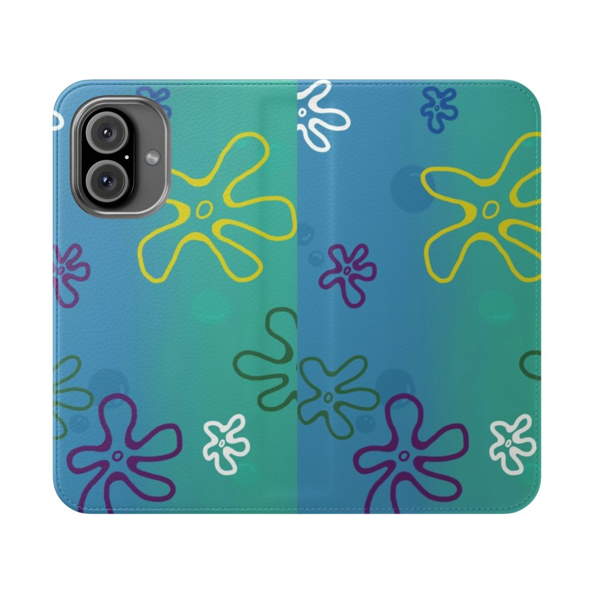 Vibrant blue and purple floral phone case with a spongebob inspired design