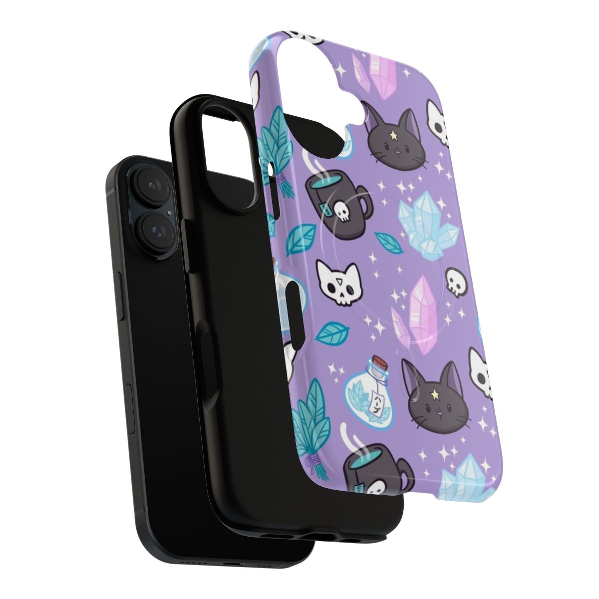 Magnetic phone case with a pastel purple design featuring a witch cat, herbs, and crystals - Layers